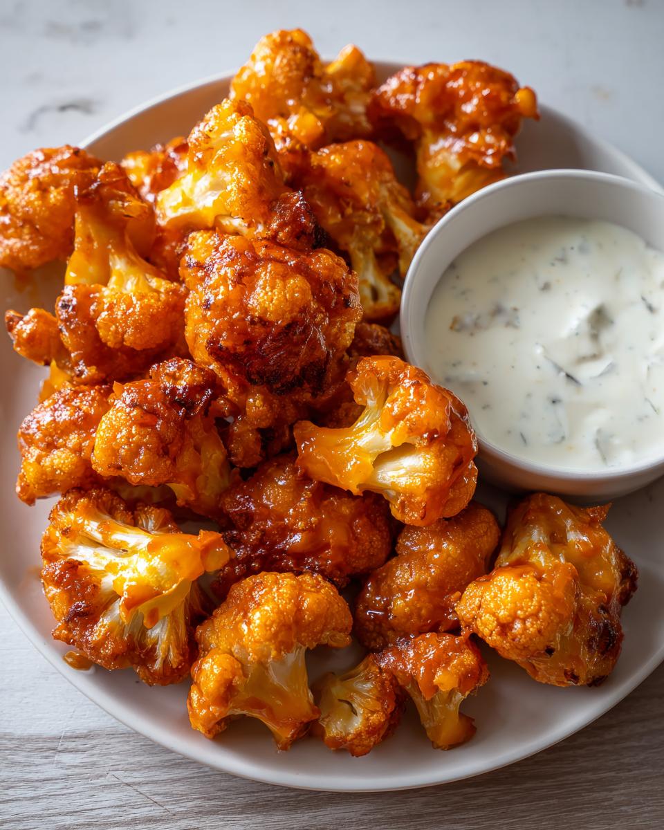 A plate of crispy buffalo cauliflower bites served with a creamy ranch dip.