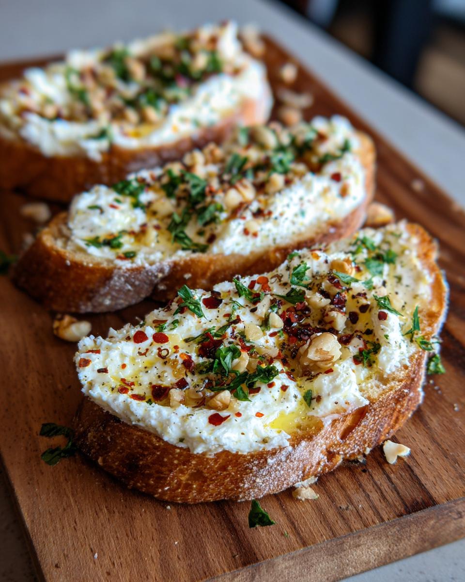 Three slices of crostini topped with creamy butter, herbs, nuts, and chili flakes on a wooden Butter Board.