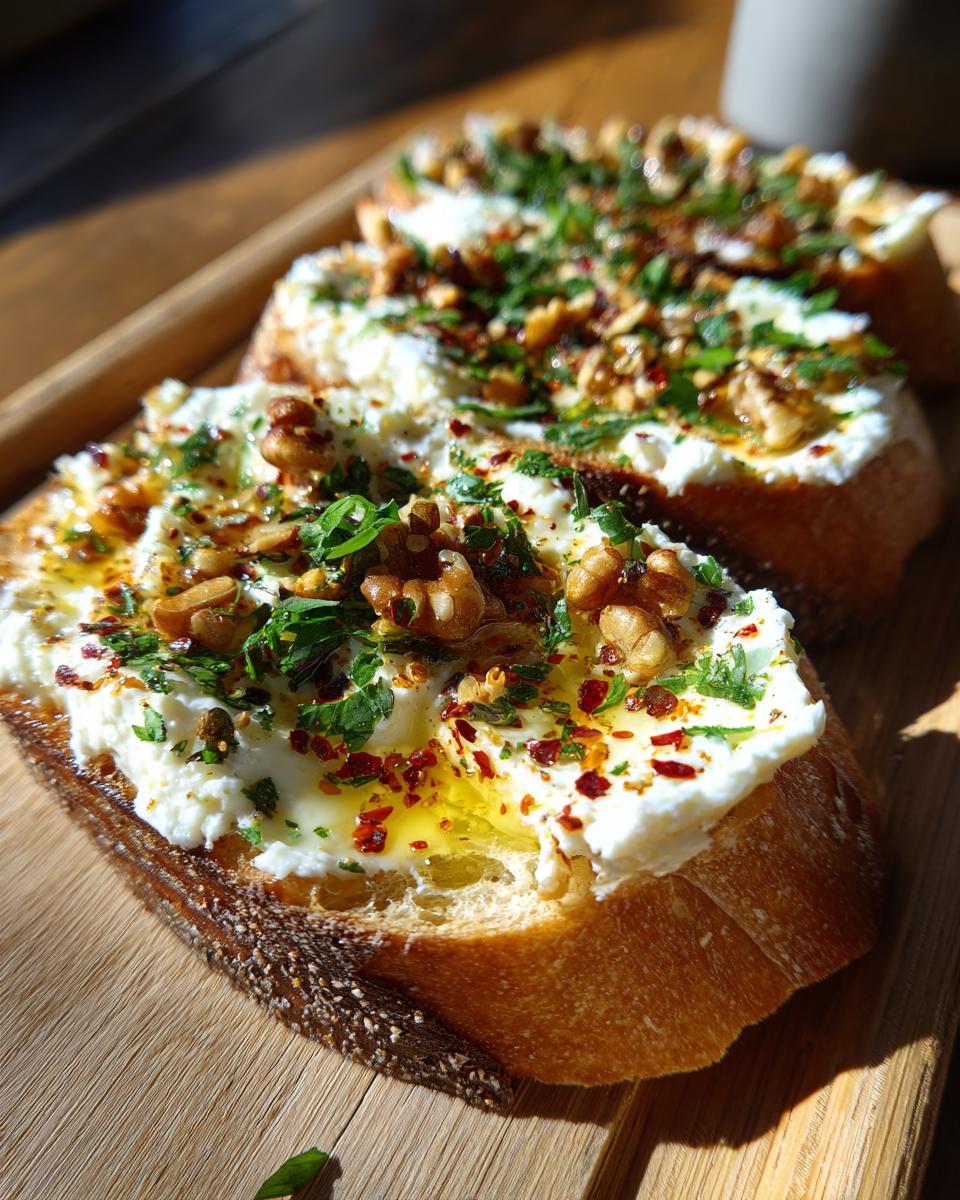 Close-up of bread slices topped with creamy butter board spread, walnuts, herbs, and chili flakes.