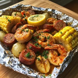 A close-up of juicy Cajun shrimp boil foil packets filled with shrimp, corn on the cob, sausage, and potatoes, garnished with parsley.