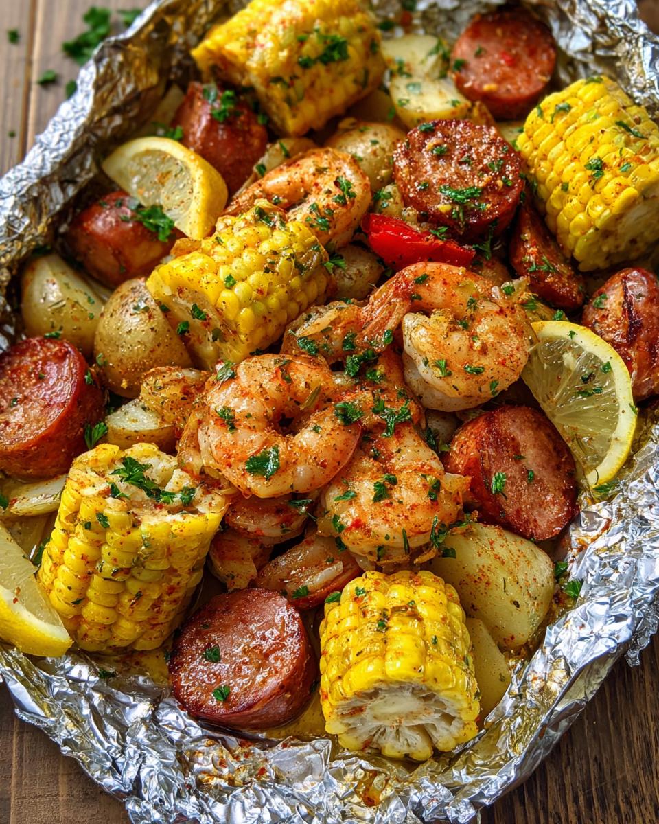 A close-up of Cajun shrimp boil foil packets filled with juicy shrimp, corn on the cob, potatoes, and sausage, seasoned with herbs.