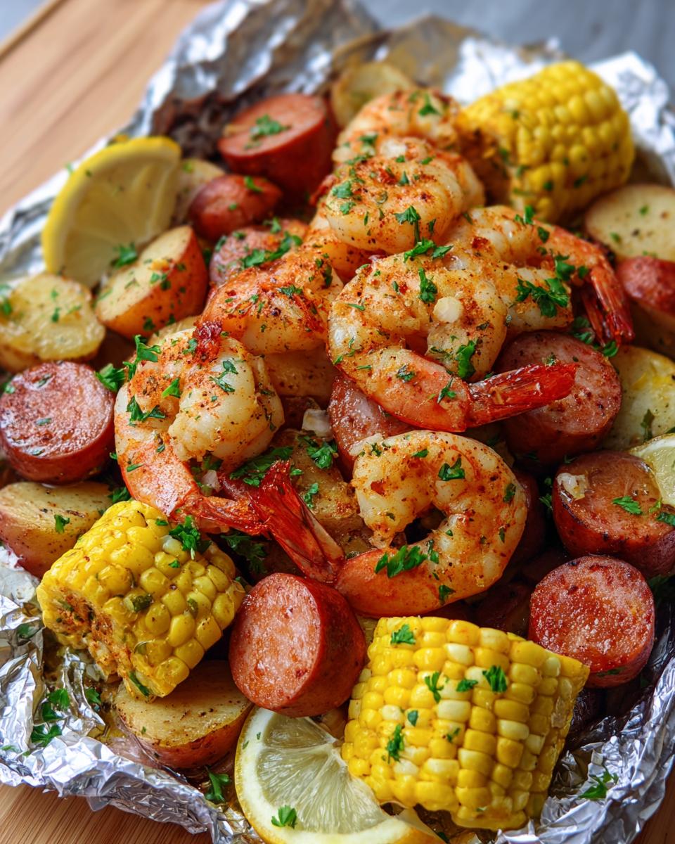 Close-up of Cajun shrimp boil foil packets filled with juicy shrimp, potatoes, sausage, and corn on the cob, garnished with parsley.
