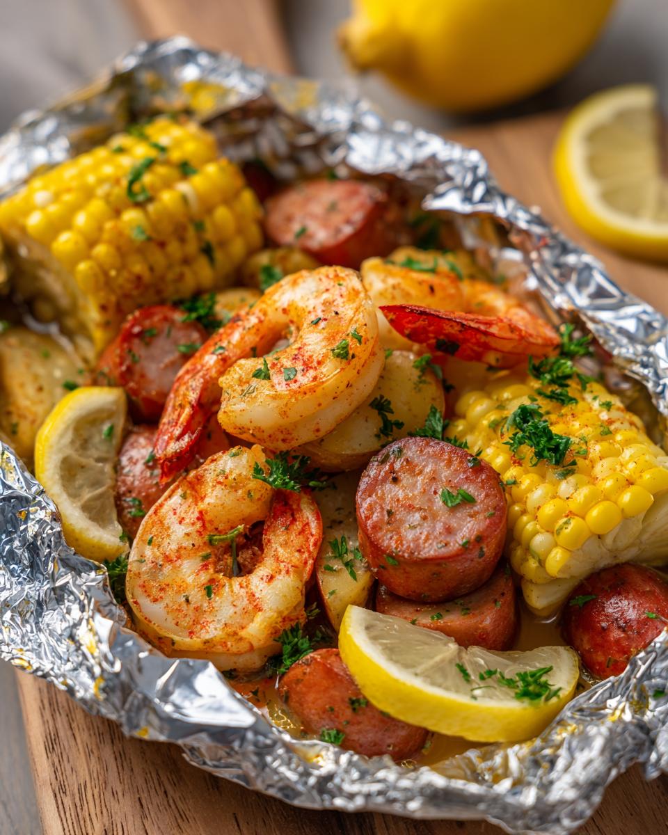 Close-up of Cajun shrimp boil foil packets filled with juicy shrimp, sausage, corn on the cob, potatoes, and lemon slices.
