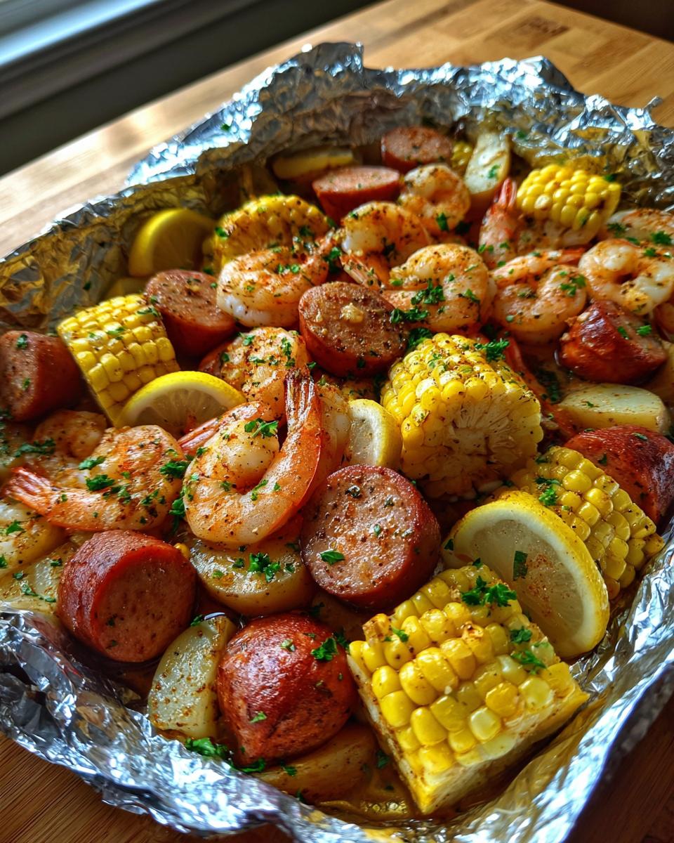 A close-up of Cajun shrimp boil foil packets filled with shrimp, sausage, corn on the cob, potatoes, and lemon slices, seasoned and garnished with parsley.