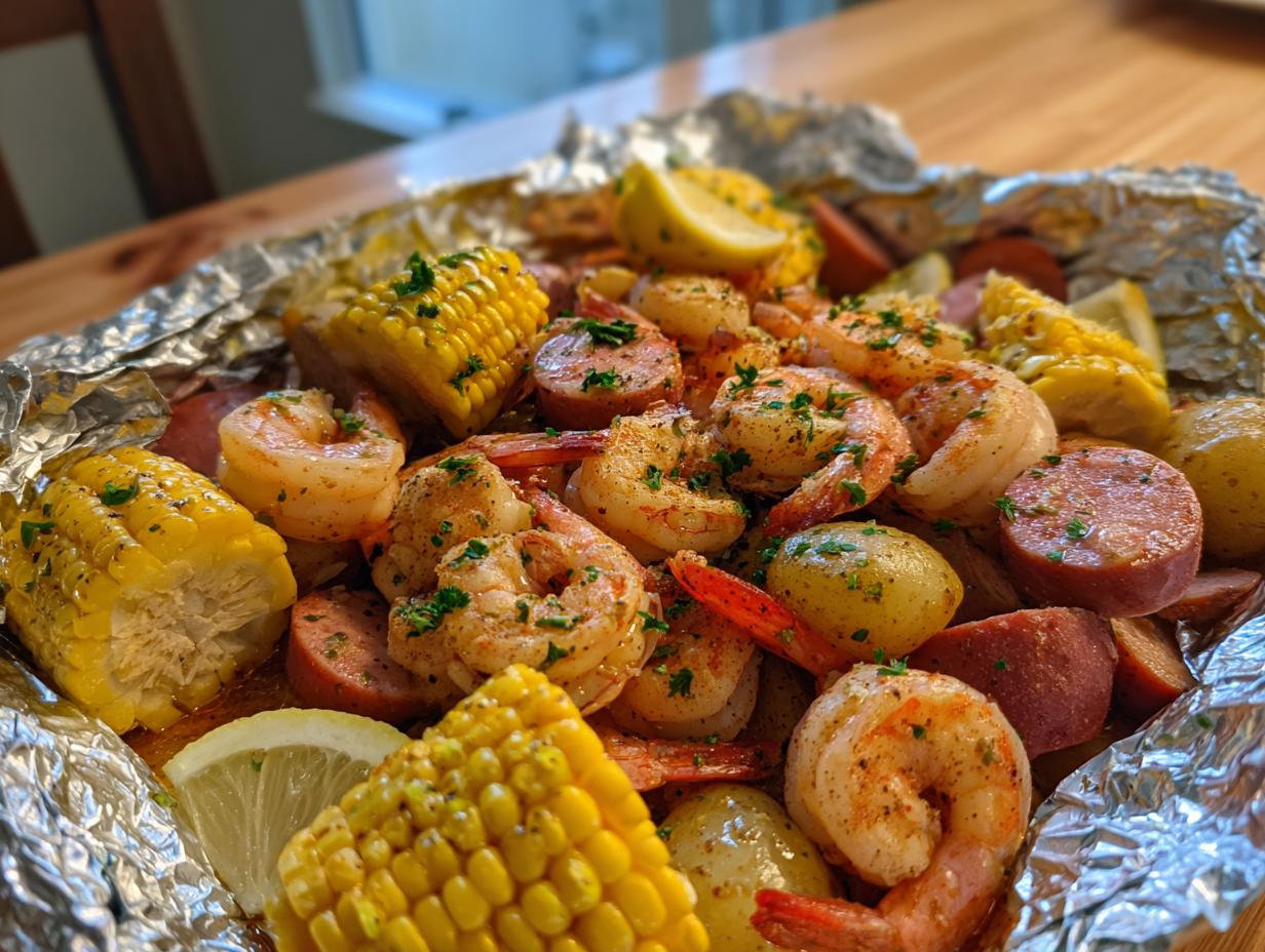 Close-up of Cajun shrimp boil foil packets filled with shrimp, corn, potatoes, and sausage, seasoned and garnished with parsley.