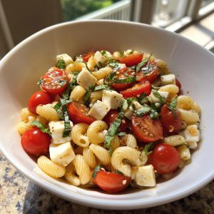 A vibrant bowl of Caprese pasta salad with tomatoes, mozzarella, basil, and pasta.