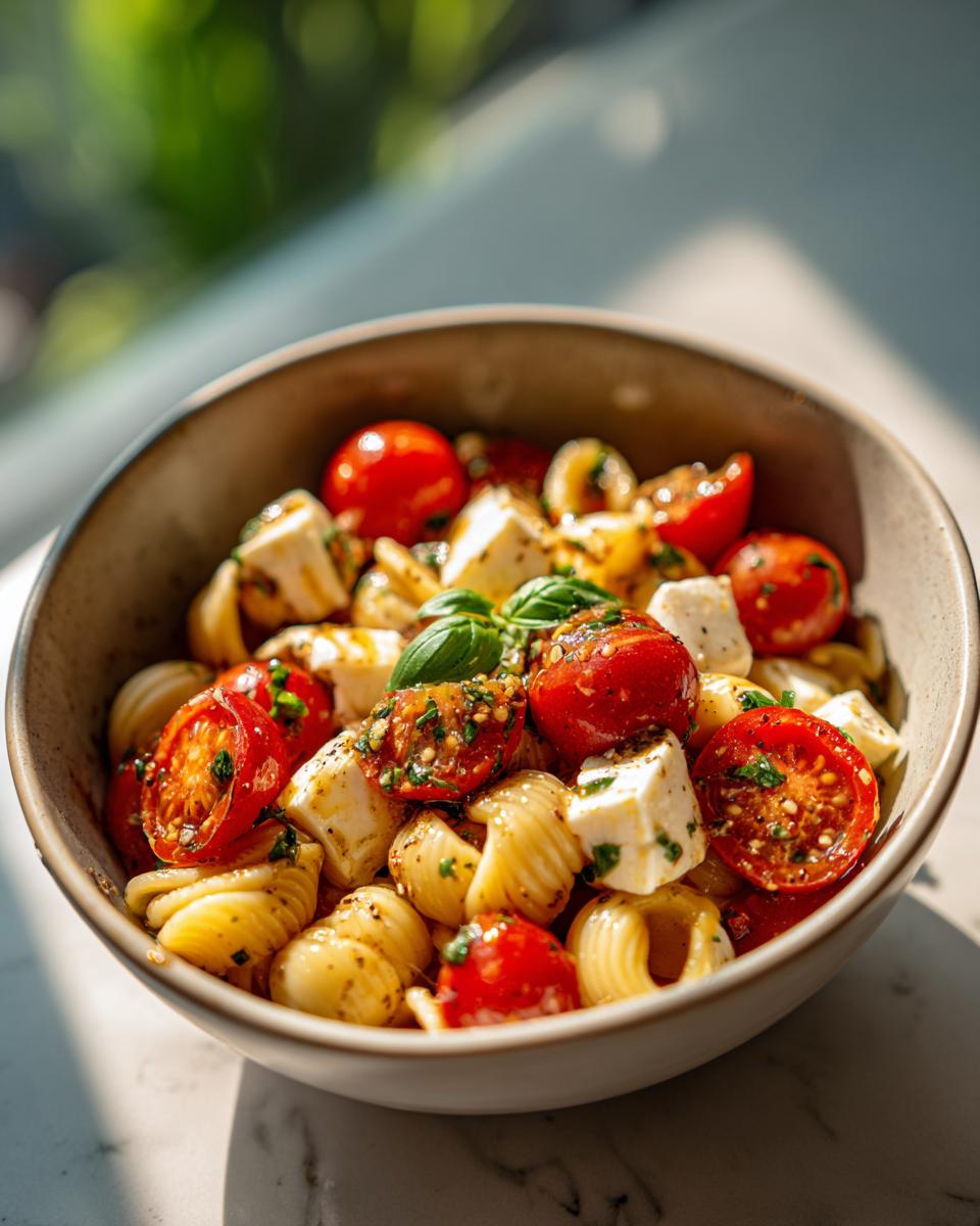 A bowl of Caprese pasta salad with cherry tomatoes, mozzarella, basil, and pasta.