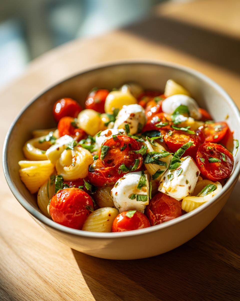 Bowl of Caprese pasta salad with tomatoes, mozzarella, basil, and pasta on a wooden table.