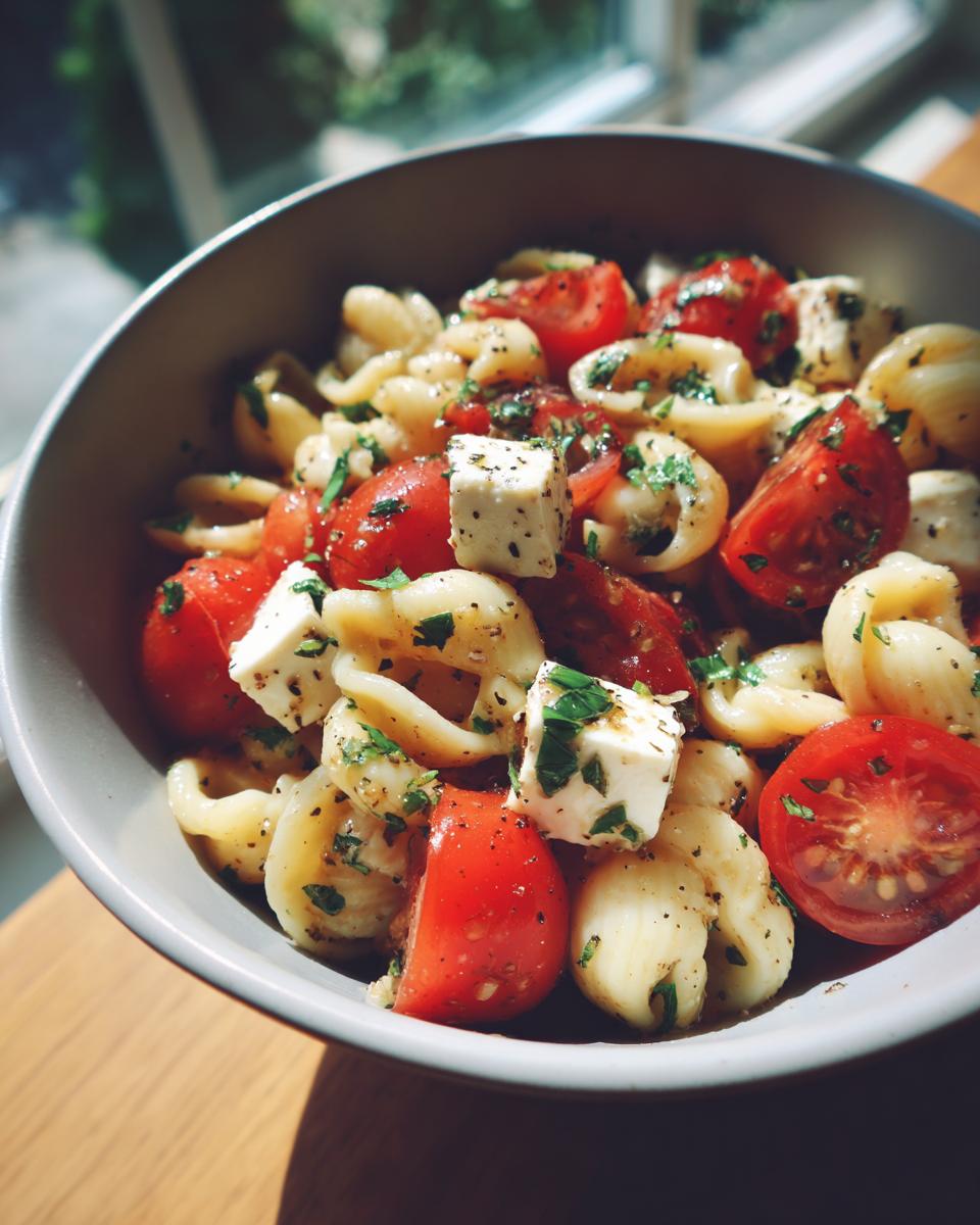 Bowl of Caprese pasta salad with orecchiette pasta, tomatoes, mozzarella, and basil.