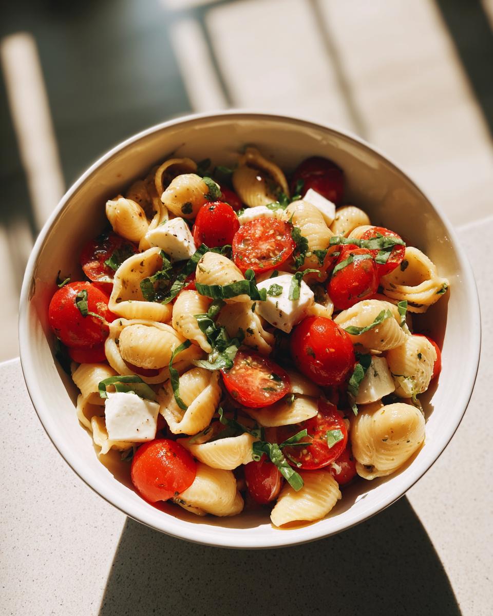 A vibrant bowl of Caprese pasta salad with tomatoes, mozzarella, basil, and shell pasta.