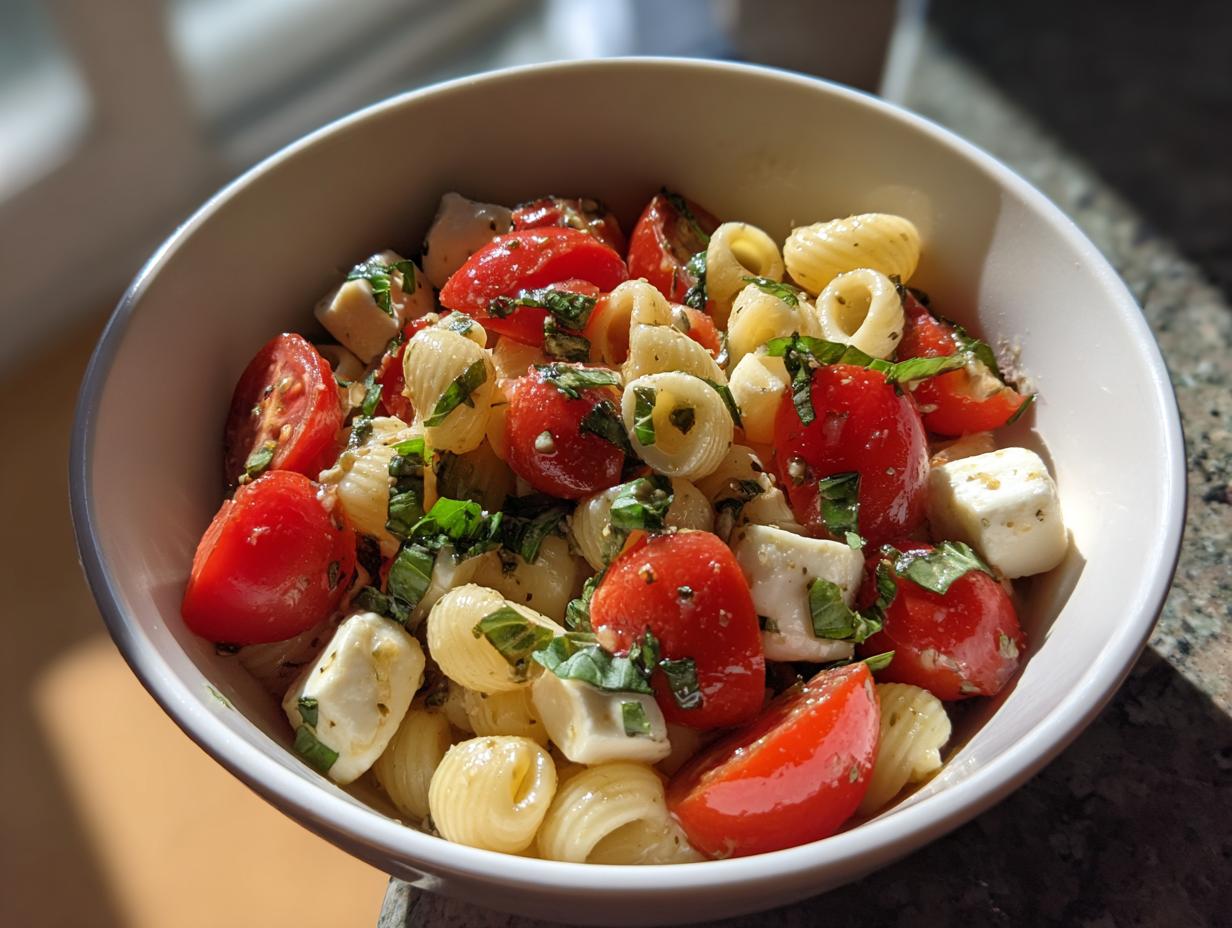 A bowl of Caprese pasta salad featuring pasta, tomatoes, mozzarella, and basil.