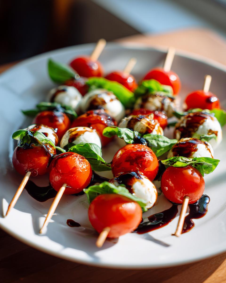 Close-up of Caprese skewers with cherry tomatoes, fresh mozzarella balls, and basil leaves drizzled with balsamic glaze.