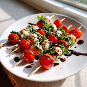 A close-up of several Caprese skewers featuring cherry tomatoes, mozzarella balls, and basil leaves, drizzled with balsamic glaze.