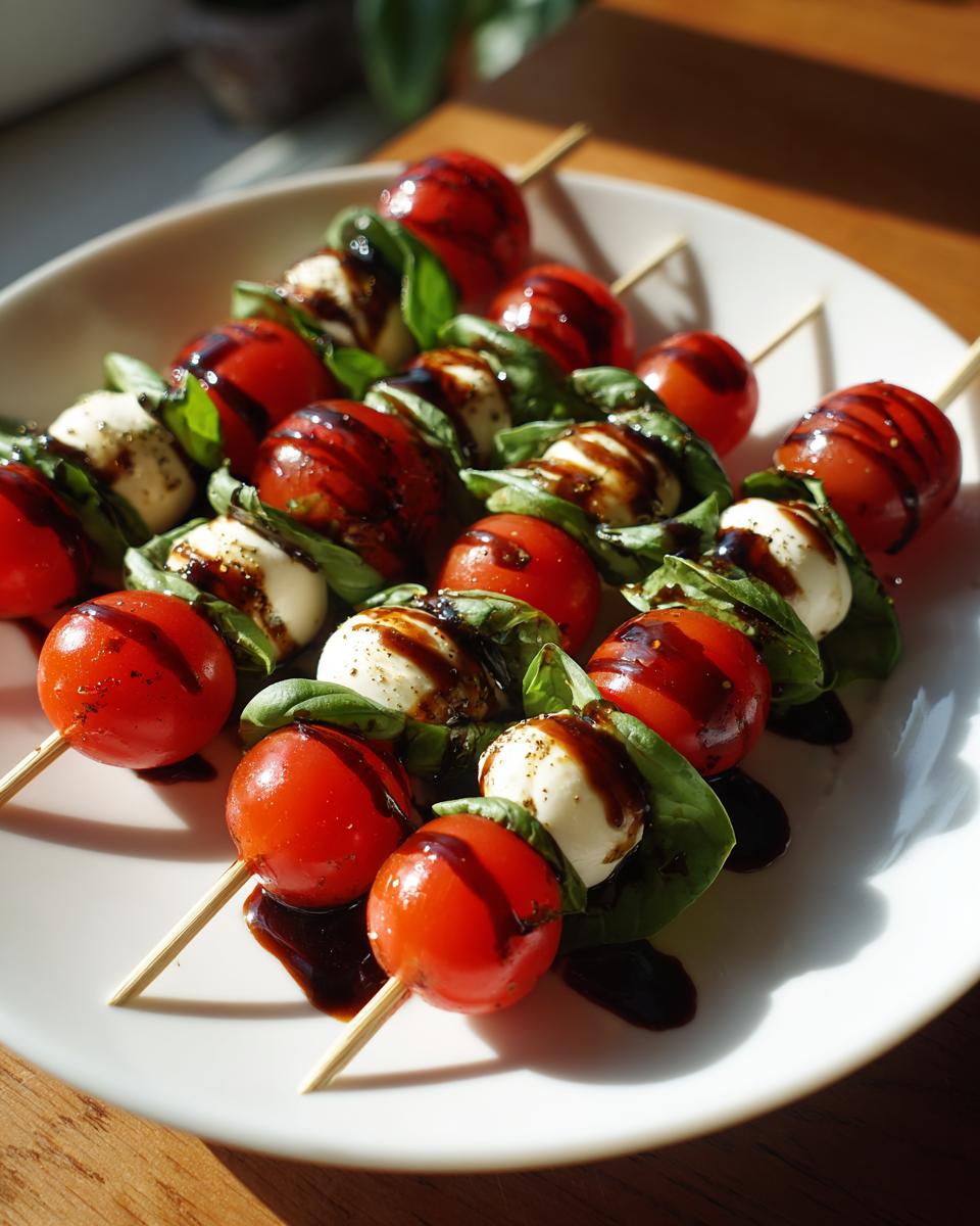 Close-up of fresh Caprese skewers with cherry tomatoes, mozzarella balls, and basil leaves drizzled with balsamic glaze.