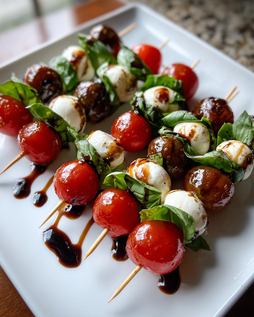 Close-up of Caprese skewers featuring cherry tomatoes, mozzarella balls, fresh basil, and a balsamic glaze drizzle.