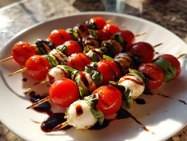 Close-up of Caprese skewers with cherry tomatoes, mozzarella balls, basil, and balsamic glaze.