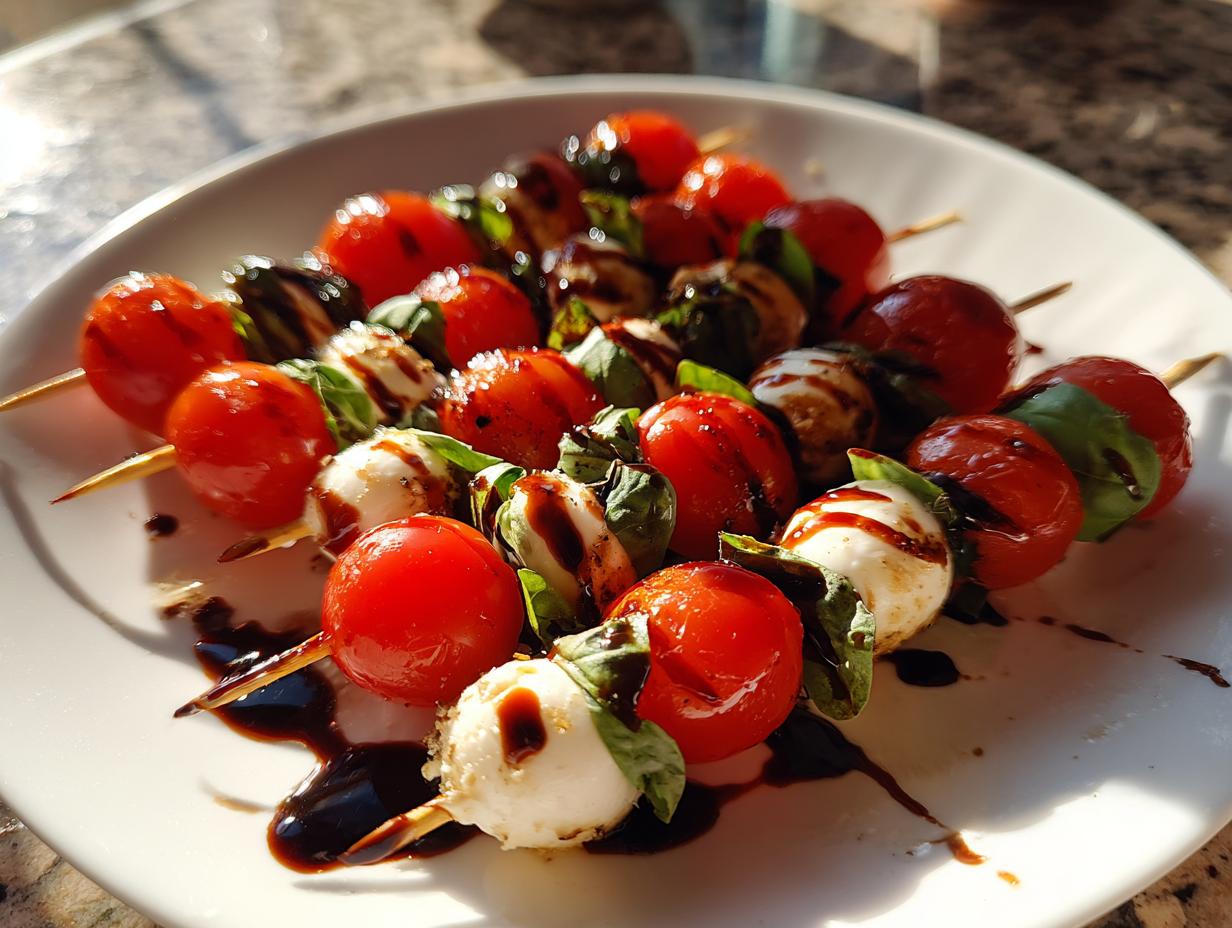 Close-up of Caprese skewers with cherry tomatoes, mozzarella balls, basil, and balsamic glaze.