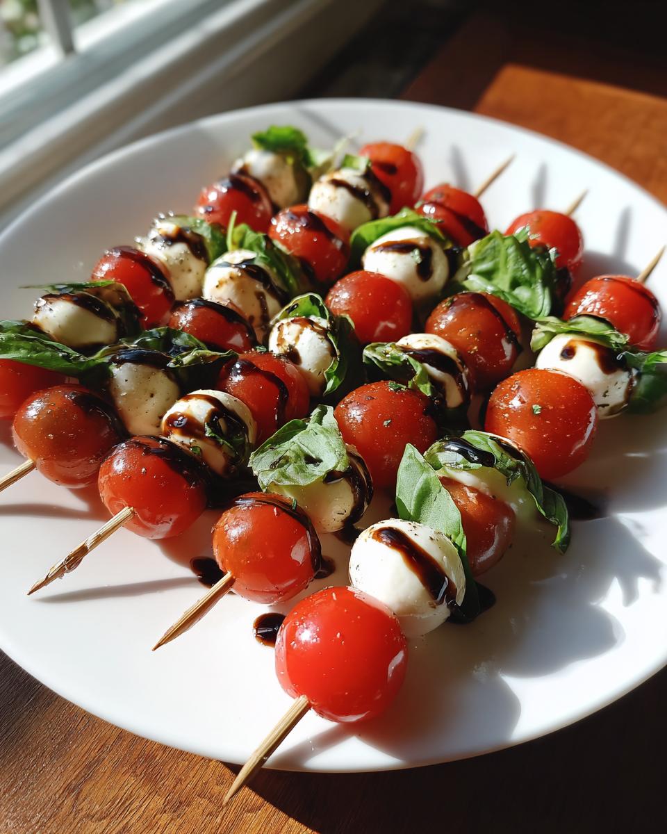 A close-up of fresh Caprese skewers featuring cherry tomatoes, mozzarella balls, and basil leaves, drizzled with balsamic glaze.