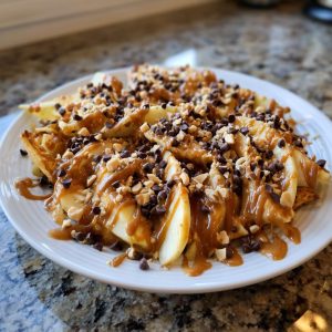 A plate of caramel apple nachos topped with chocolate chips and chopped nuts, drizzled with caramel sauce.