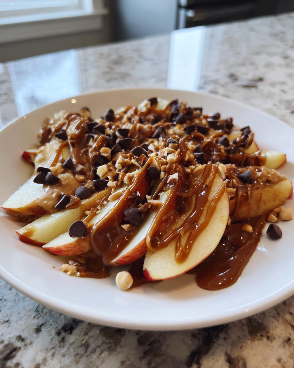 A close-up of caramel apple nachos topped with chocolate chips, chopped nuts, and drizzled caramel sauce.