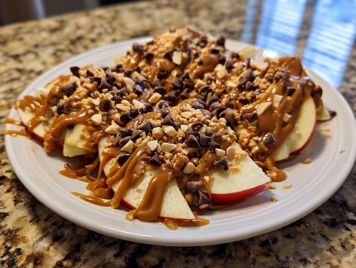 Plate of caramel apple nachos topped with chocolate chips and chopped nuts.