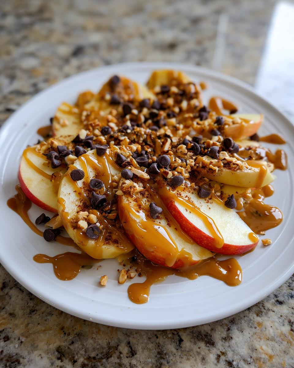 Close-up of Caramel Apple Nachos topped with chocolate chips, chopped nuts, and drizzled with caramel sauce on a white plate.