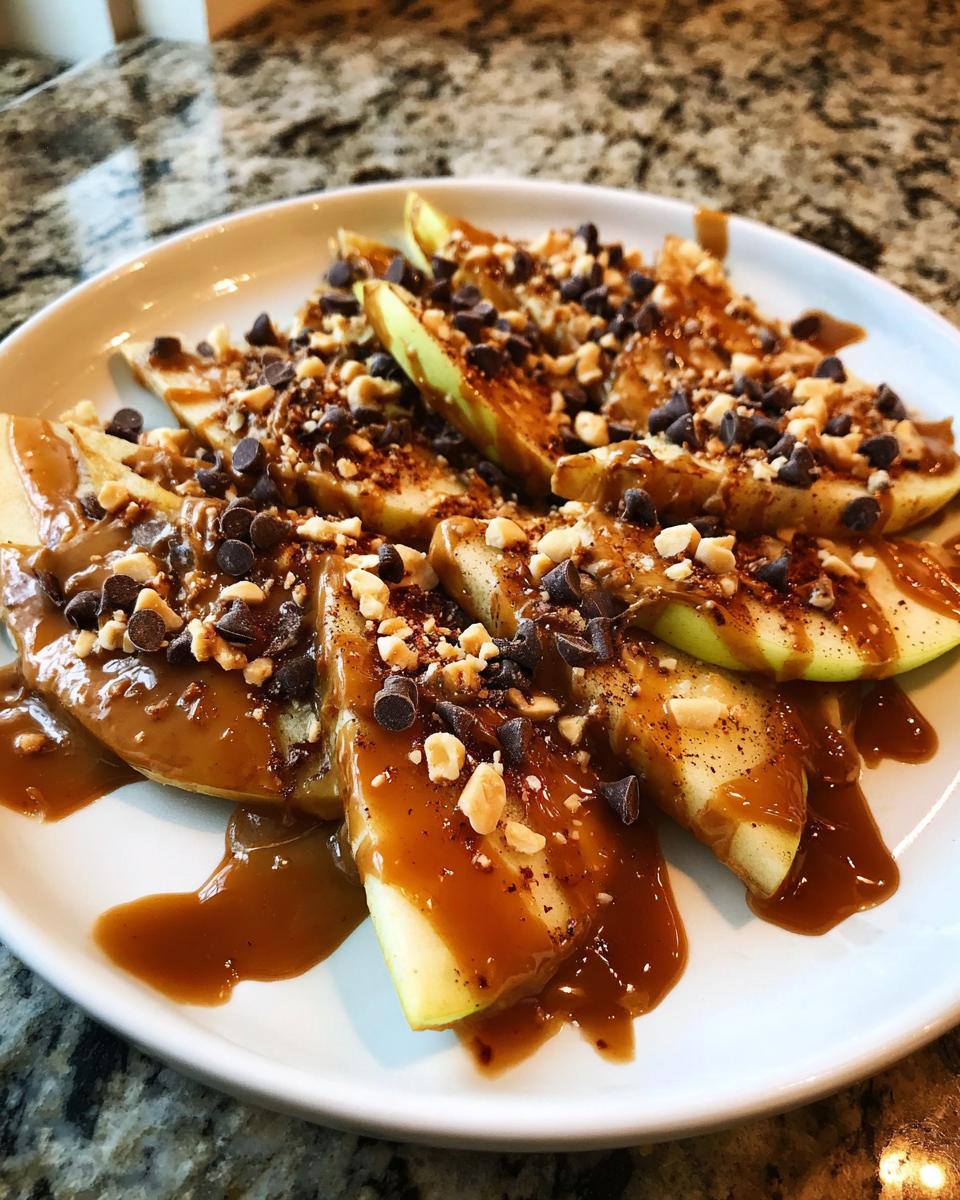 A plate of sliced apples topped with caramel sauce, chocolate chips, and chopped nuts, showcasing delicious caramel apple nachos.