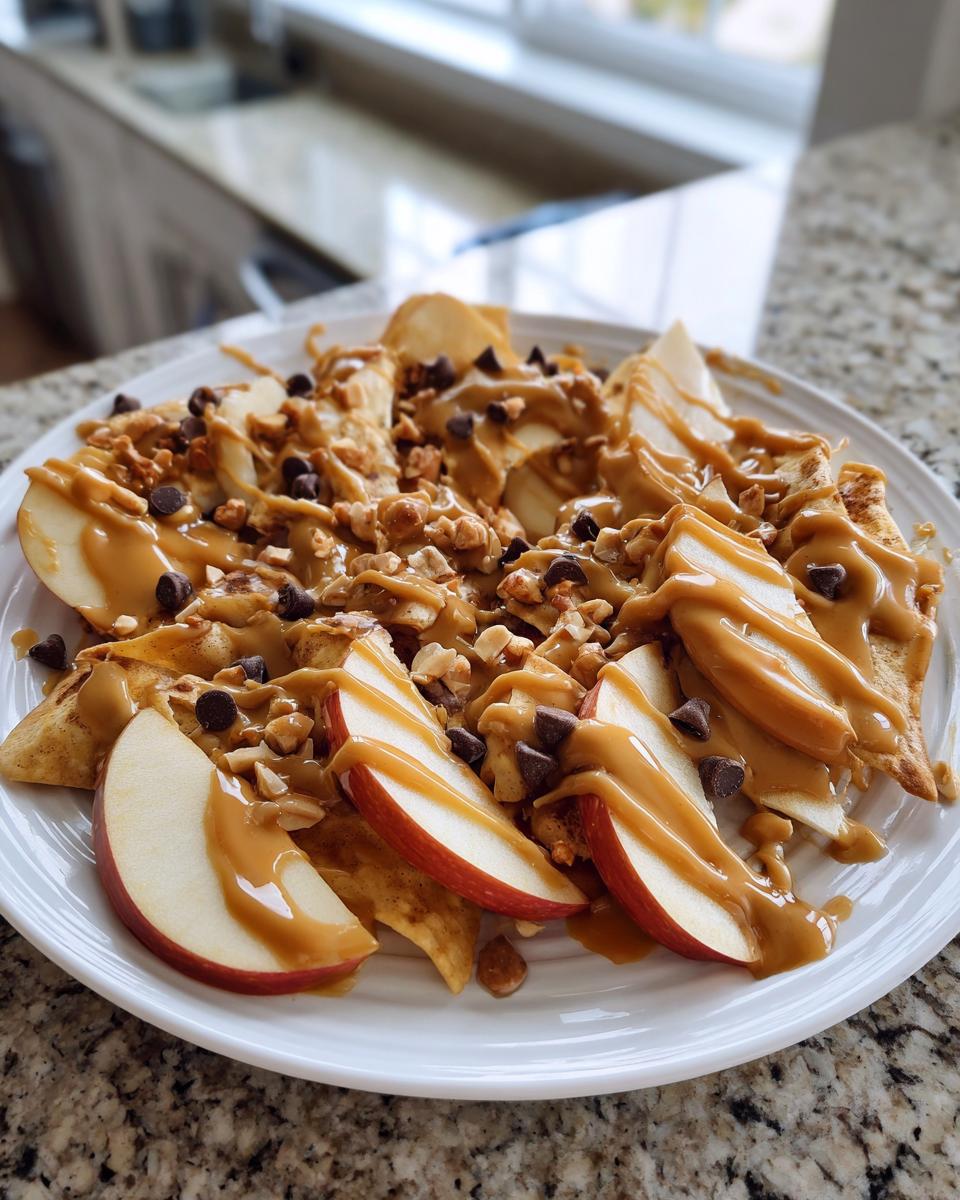 A plate of Caramel Apple Nachos topped with sliced apples, chocolate chips, nuts, and caramel sauce.