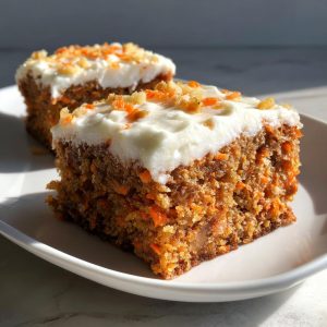 Two moist Carrot Cake Bars topped with cream cheese frosting and chopped nuts on a white plate.