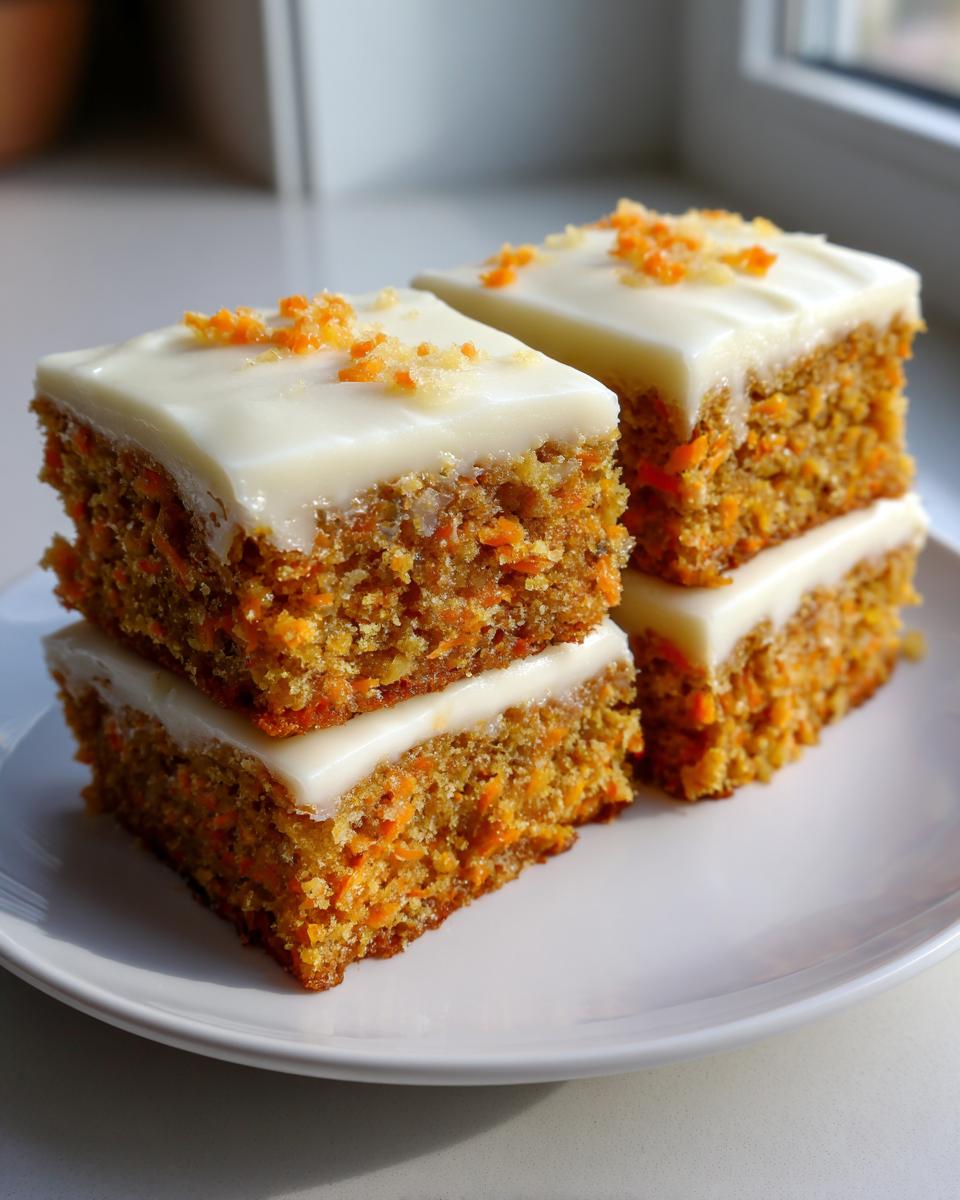 A stack of four frosted Carrot Cake Bars on a white plate, topped with cream cheese frosting and orange zest.