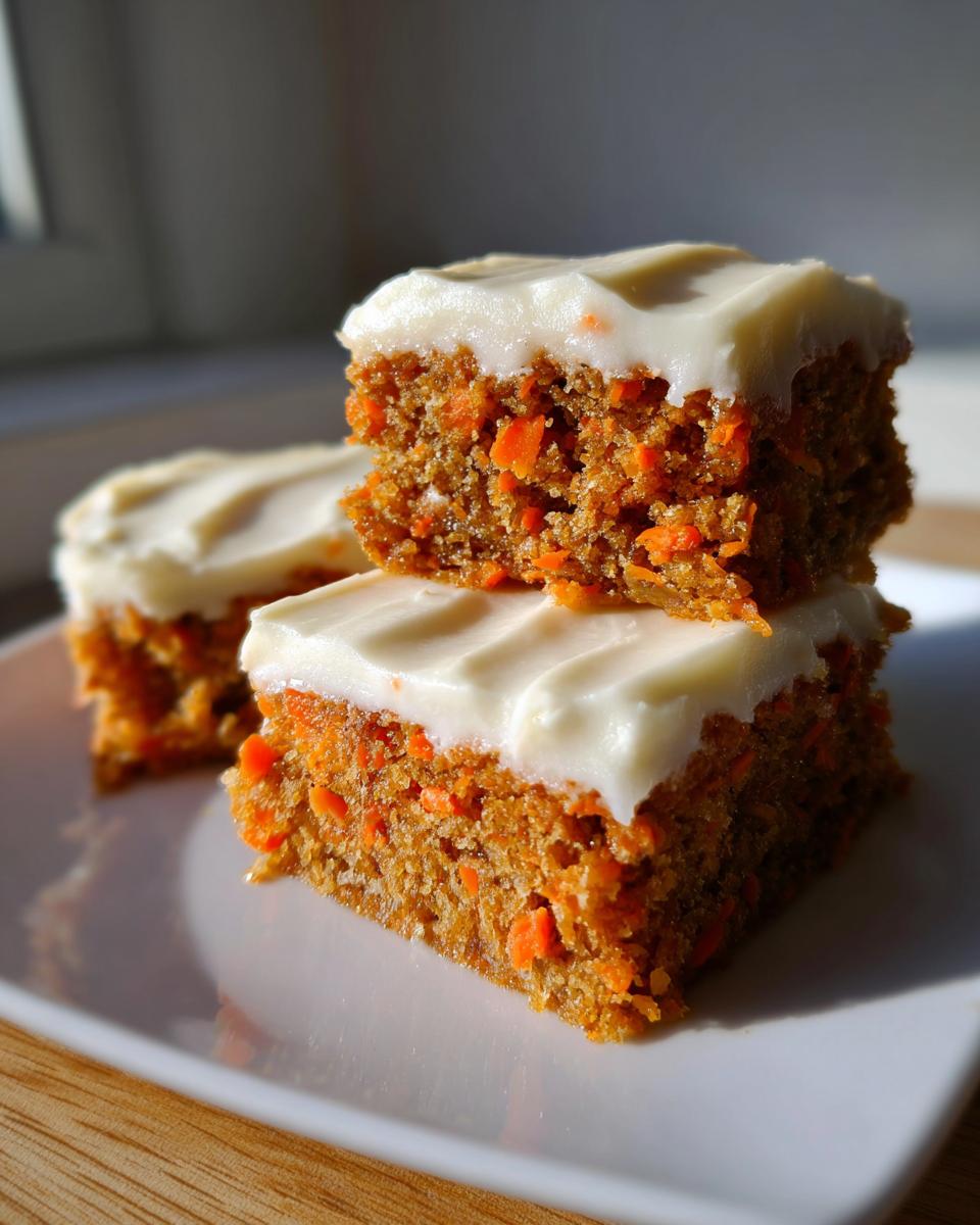Three stacked Carrot Cake Bars topped with creamy white frosting on a white plate.
