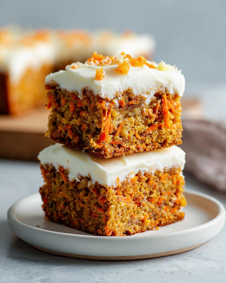 Two stacked carrot cake bars topped with cream cheese frosting and orange zest on a plate.