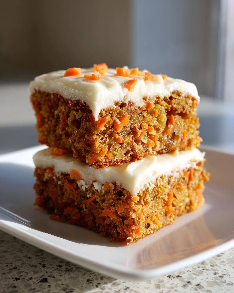 Two moist Carrot Cake Bars stacked on a plate, topped with cream cheese frosting and diced carrots.