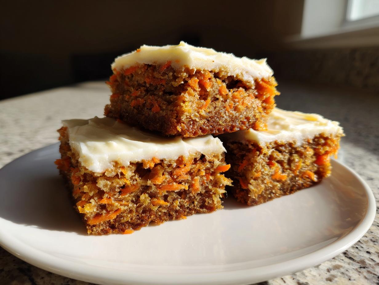 A stack of three frosted Carrot Cake Bars on a white plate, showcasing the moist texture and cream cheese frosting.