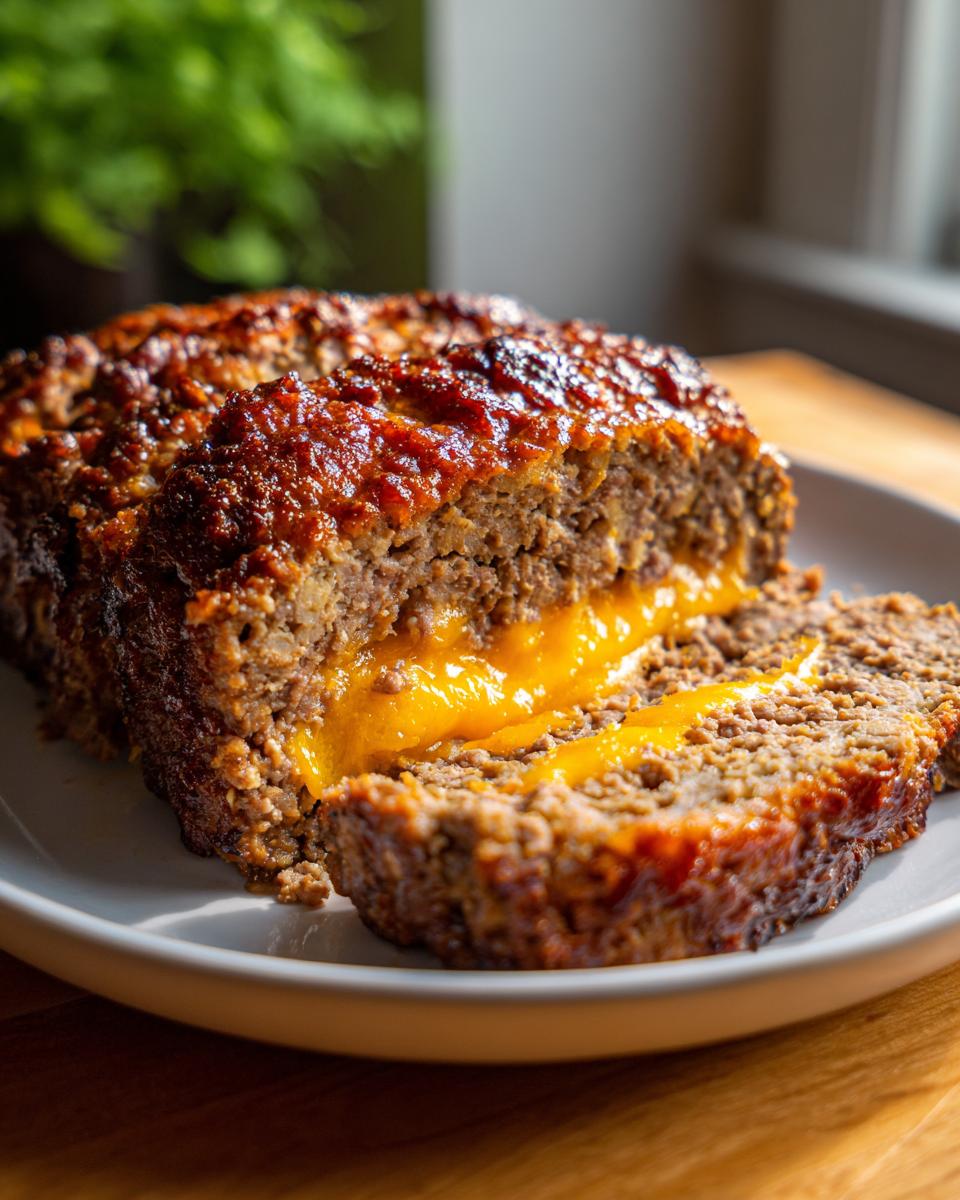 Close-up of a slice of juicy Cheddar-stuffed meatloaf, revealing a gooey, melted cheese center.