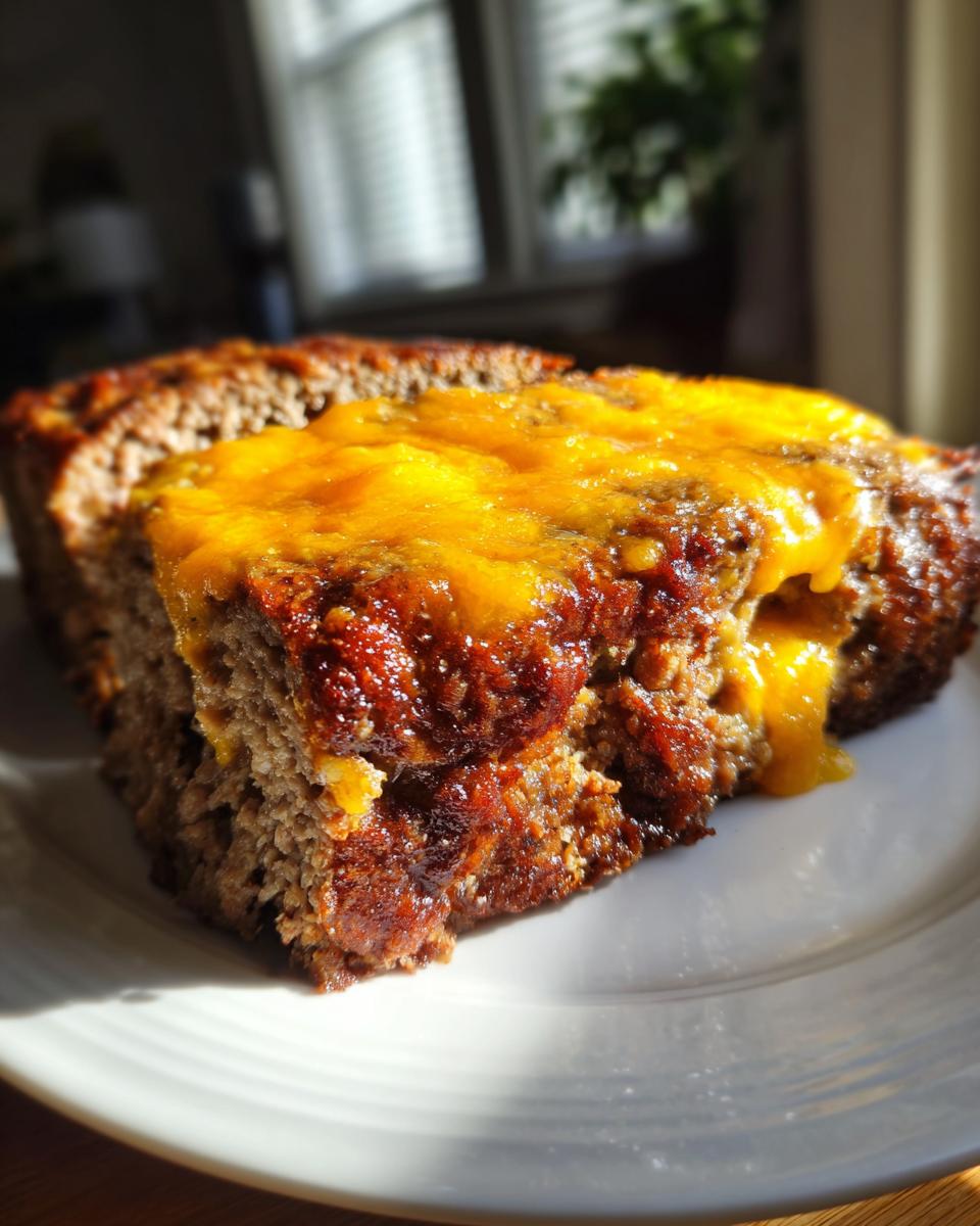 A slice of juicy cheddar-stuffed meatloaf with the cheese center oozing out.
