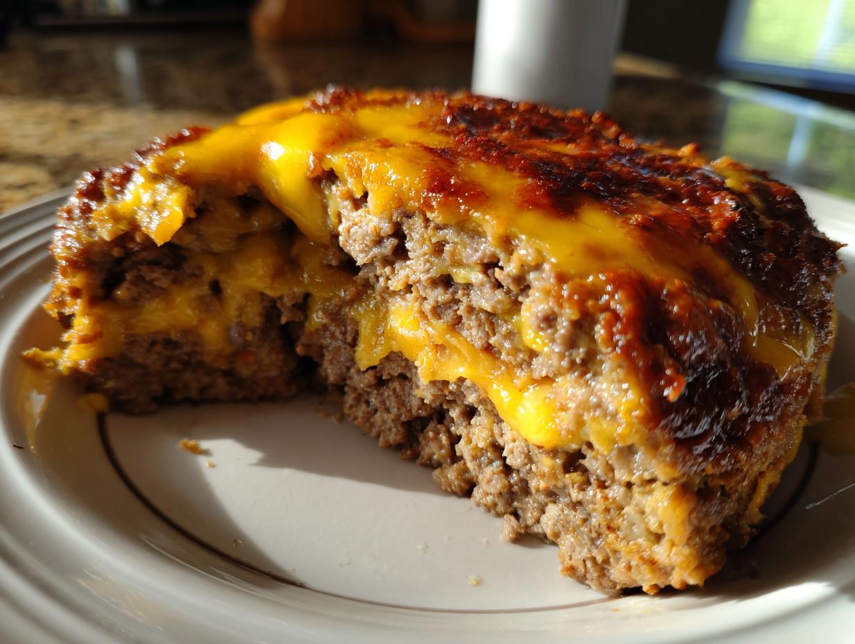 A slice of juicy Cheddar-stuffed meatloaf with a melty cheese center, topped with melted cheddar.