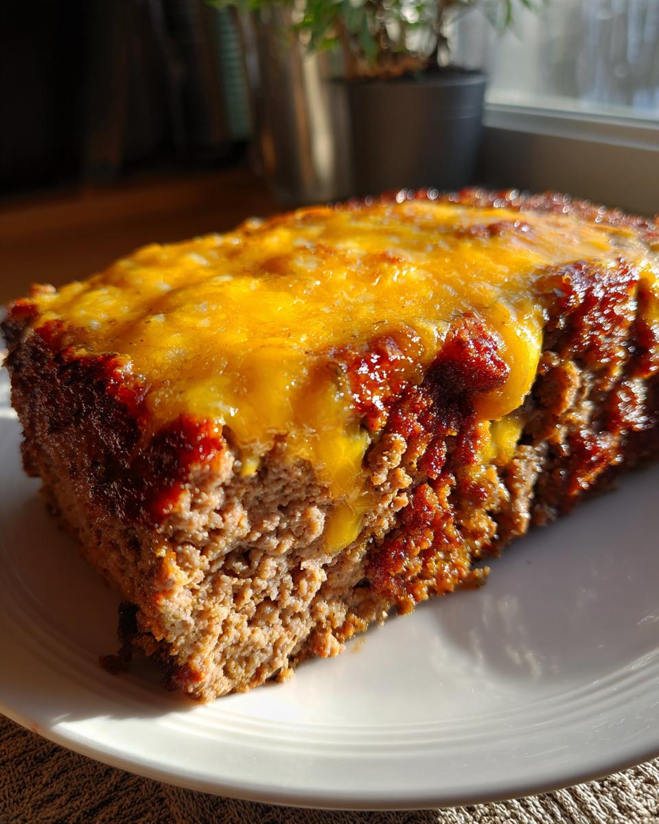 A close-up of a slice of juicy cheddar-stuffed meatloaf on a white plate, with melted cheese on top.