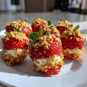 A plate of delicious cheesecake stuffed strawberries, topped with graham cracker crumbs.