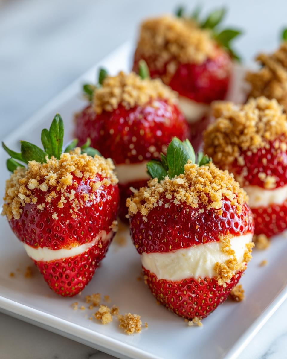 Close-up of cheesecake stuffed strawberries topped with graham cracker crumbs on a white plate.
