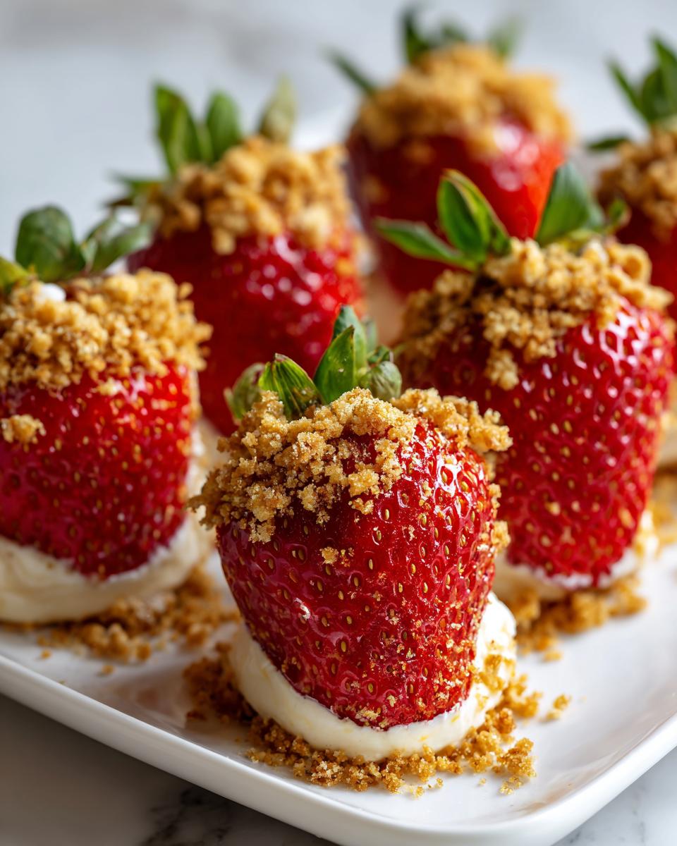 Close-up of Cheesecake stuffed strawberries topped with graham cracker crumble on a white plate.