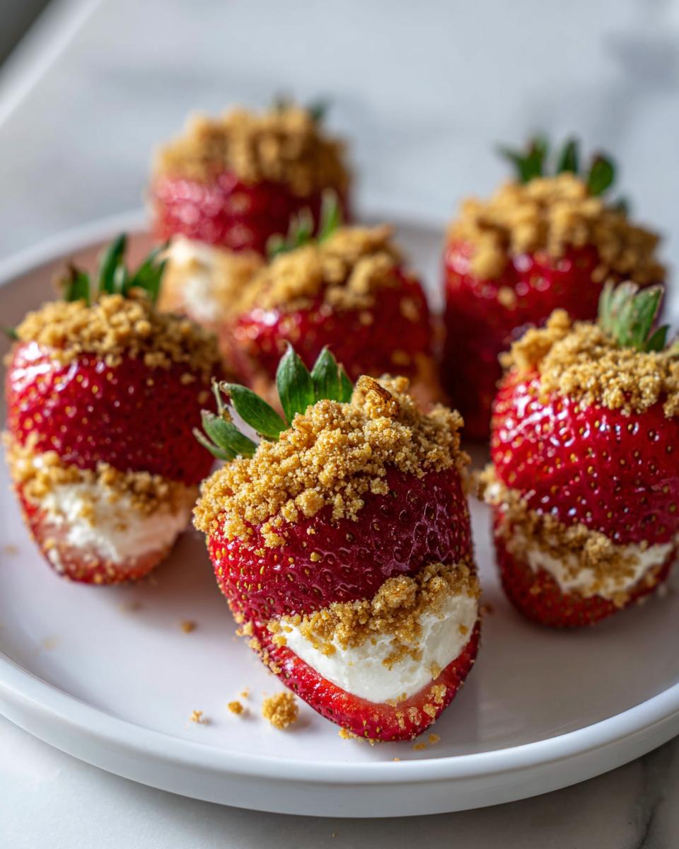 A plate of cheesecake stuffed strawberries topped with graham cracker crumbs. Delicious and easy dessert.