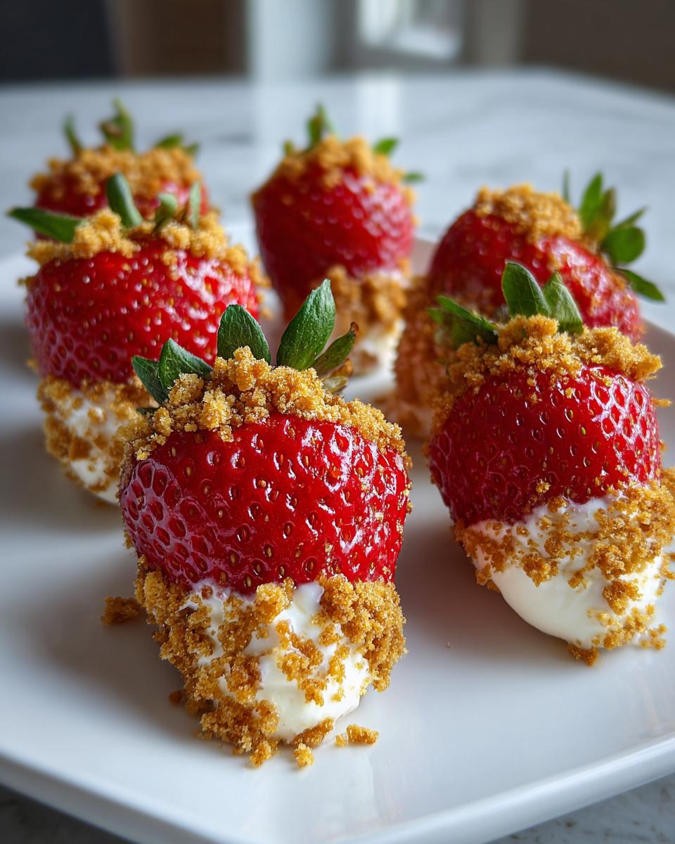 A plate of cheesecake stuffed strawberries, topped with graham cracker crumbs. A quick and easy dessert.