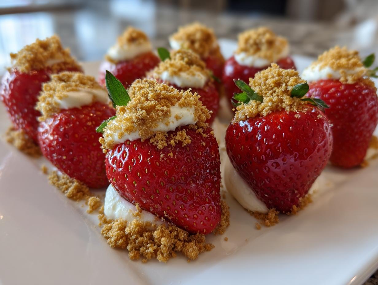 A plate of delicious Cheesecake stuffed strawberries, topped with graham cracker crumbs and mint.
