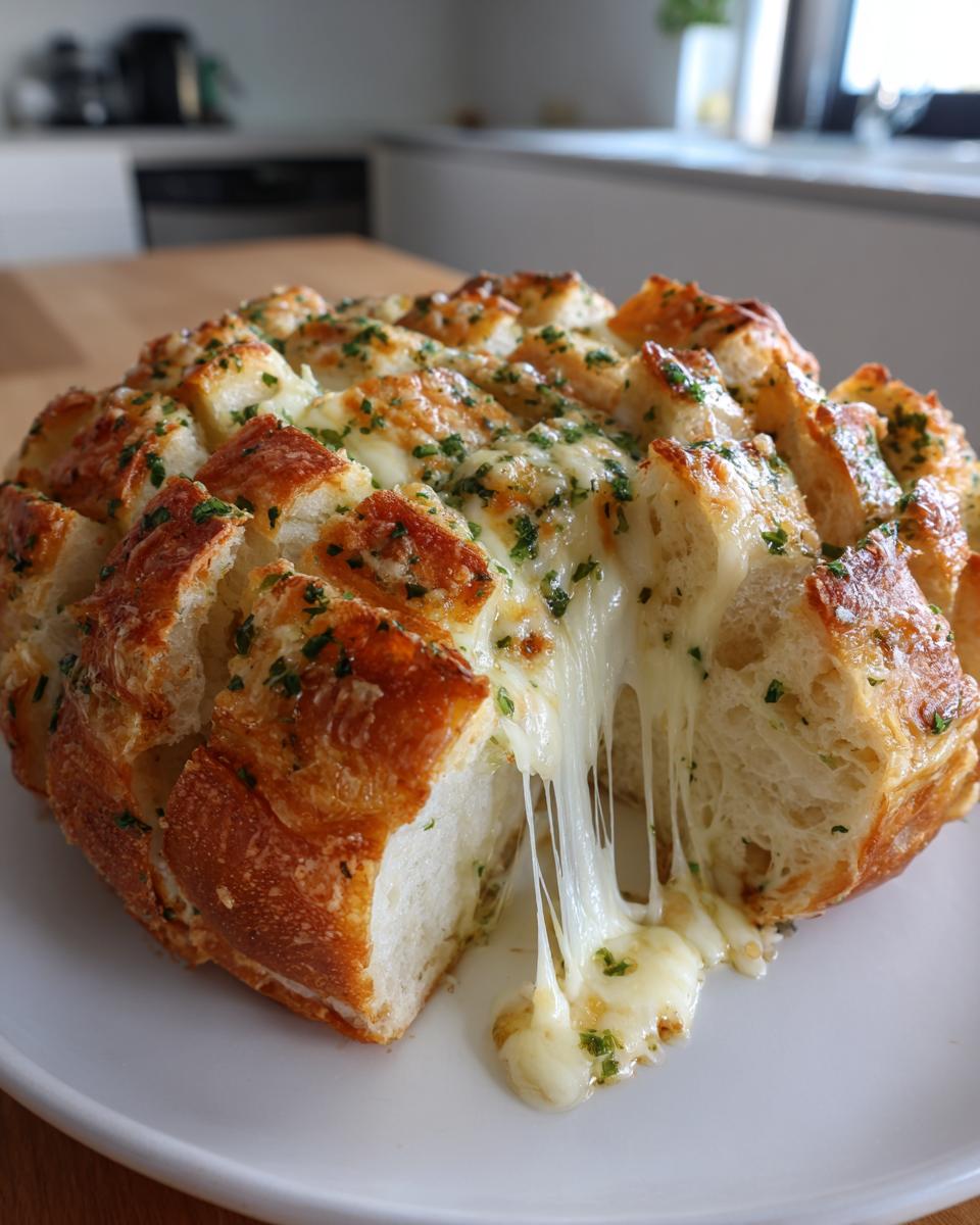 A loaf of Cheesy Pull-Apart Garlic Bread with long strands of melted mozzarella cheese stretching out.