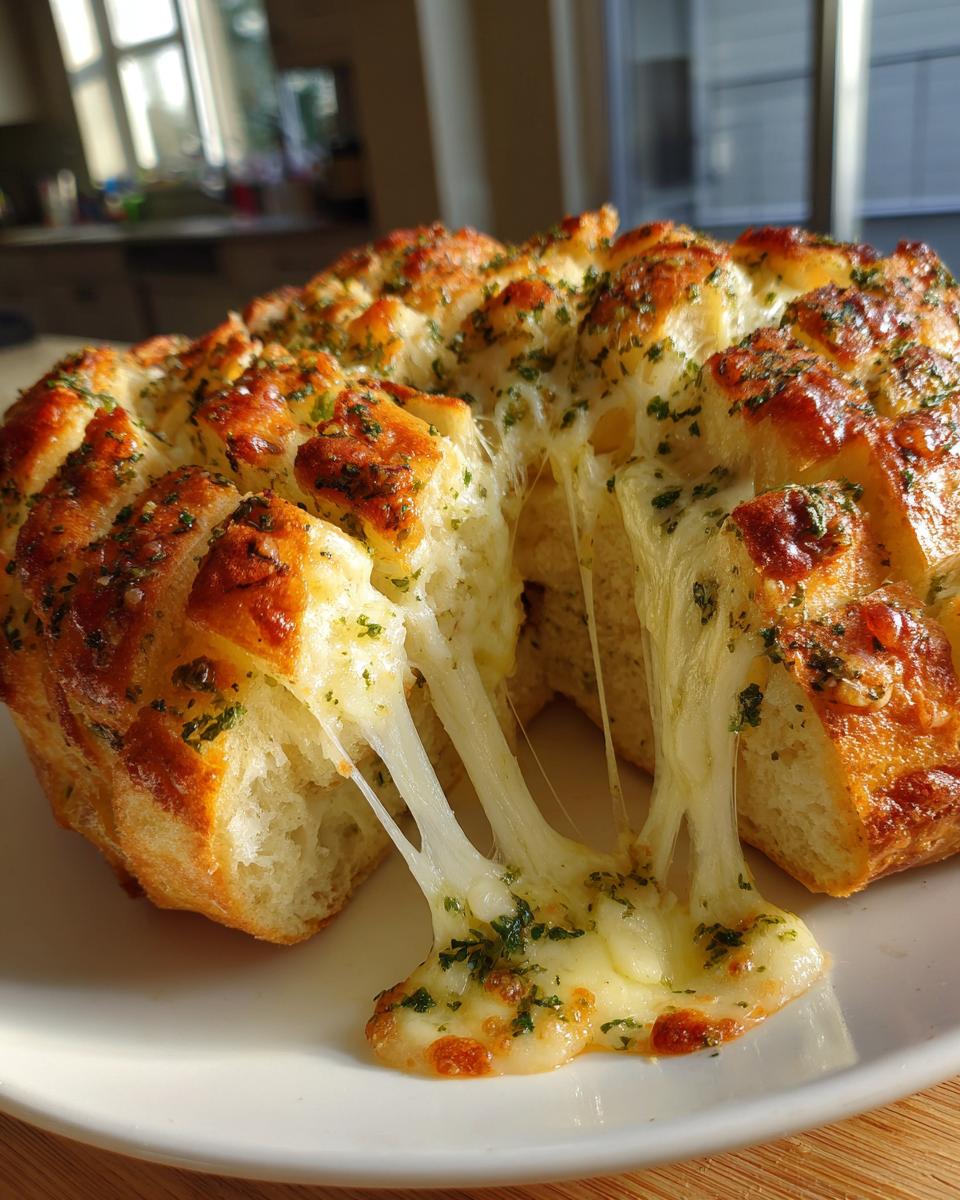 A close-up of Cheesy Pull-Apart Garlic Bread with long strands of melted mozzarella cheese stretching out.