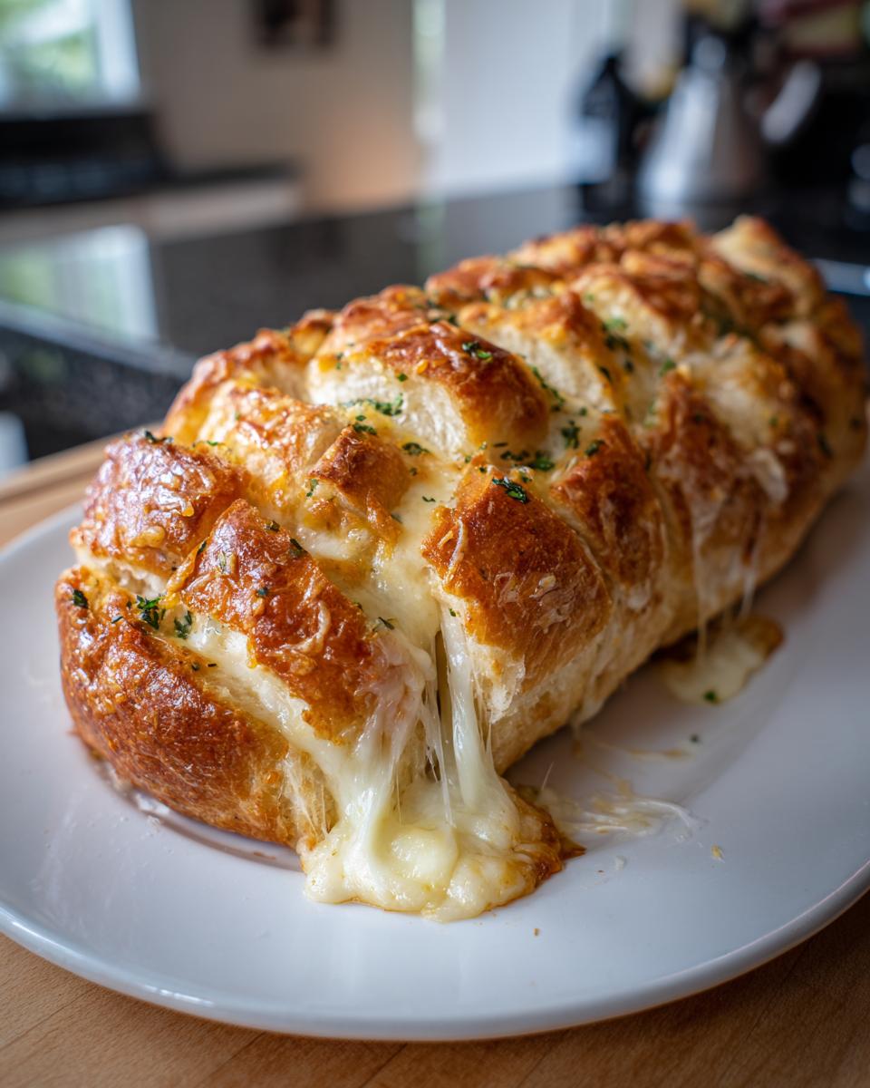 A golden-brown loaf of Cheesy Pull-Apart Garlic Bread with melted cheese oozing out.