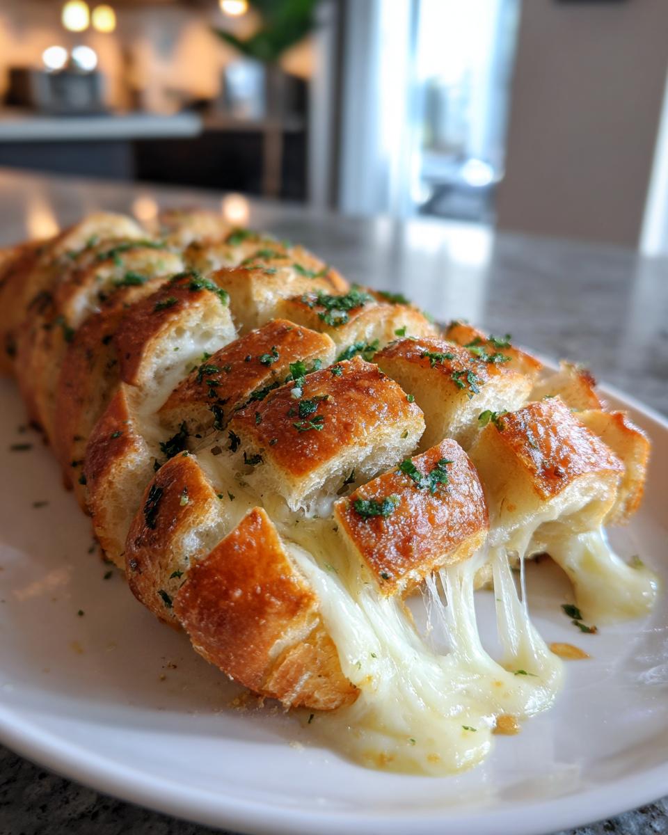 Close-up of Cheesy Pull-Apart Garlic Bread with gooey melted cheese stretching out.