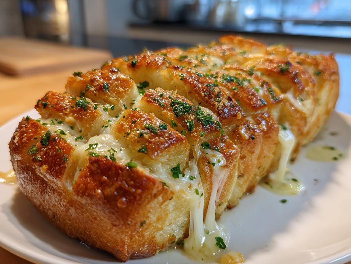 A close-up of Cheesy Pull-Apart Garlic Bread with melted cheese oozing out and sprinkled with parsley.