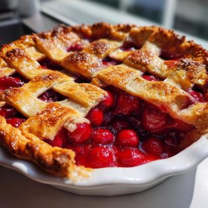 Close-up of a freshly baked cherry pie with a golden lattice crust, filled with juicy cherries.